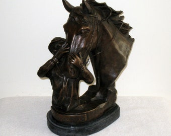 Bronze DELAWARE PARK Race Horse and Jockey Bust On Marble Base, Vintage 13.25" Sculpture, Horse Racing Fan, Office Decor, Solid