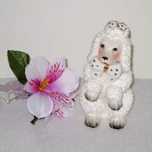 Retro Ceramic Poodle w/ Clear Beads, 1950s Dog Sitting Up/ Begging, 6.25 Inches, JAPAN Figurine, Kitschy Décor