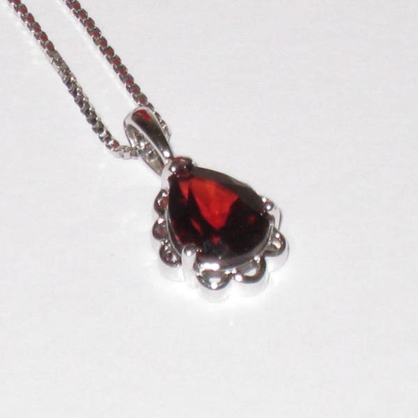 Dainty Sterling Chain & Pendant w/ Deep Red Teardrop Glass Stone, 18" Italian Box Link, Vintage Valentine's Day Gift