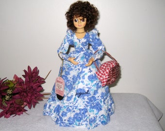 Brinn's Musical August Calendar Doll, 1986 Collector Edition, 12 Inch Boudoir Doll w/ Blue Floral Dress, Birthstone Necklace, No Box