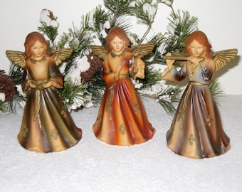 Vintage Angels Trio With Musical Instruments, Plastic Ornaments, 6 Inches Tall, Mid Century Christmas Decor