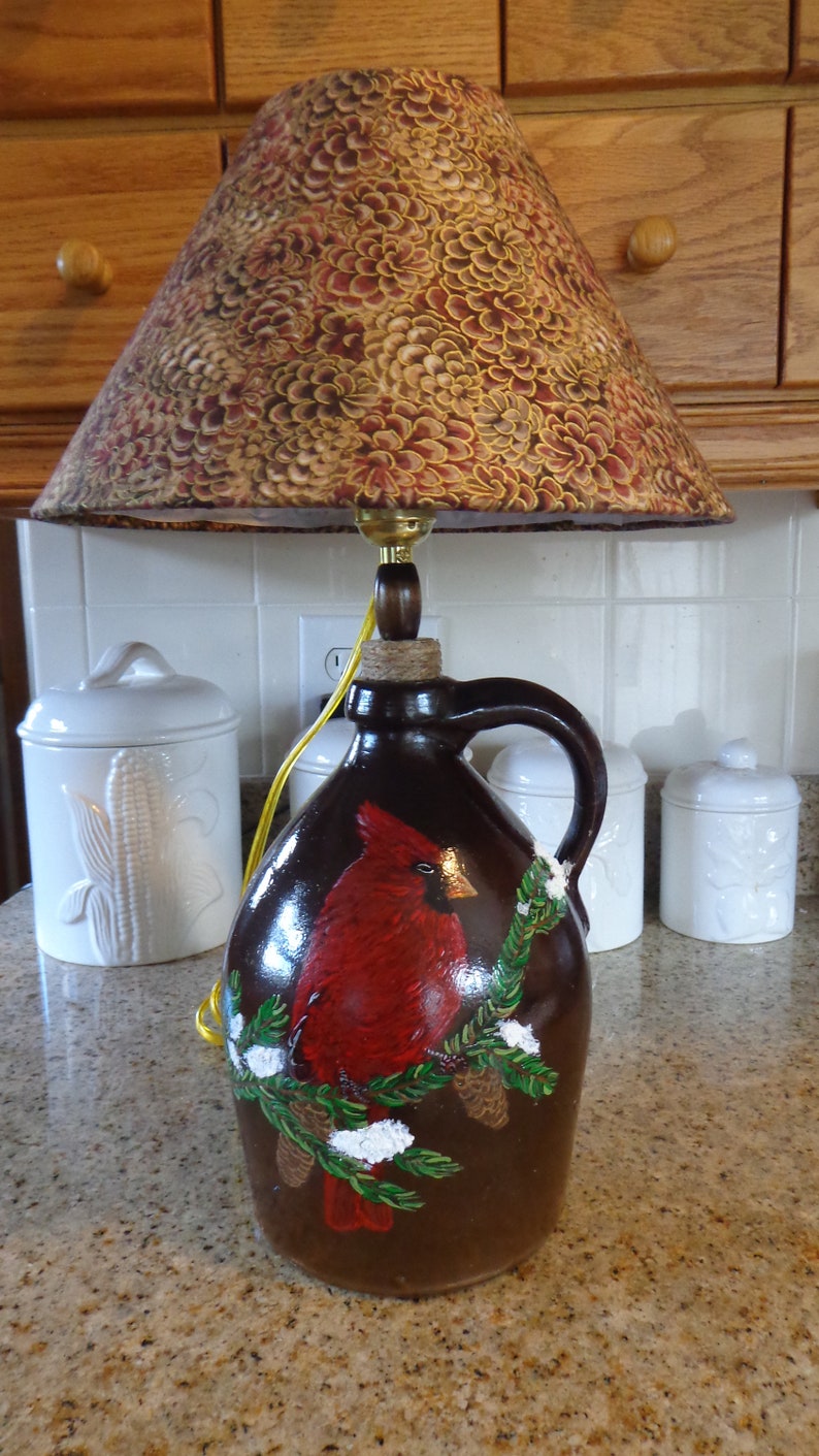 Antique Crock Country Cabin Style Lamp With Folk Art Image 0