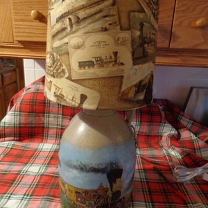 Antique/Vintage  Jug Lamp/Vintage Trains Hand-Painted Folk Art (New Shade)/Country/Cabin/Rustic