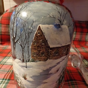 Antique/Vintage Glass Bail-Handled Jug Lamp/Winter Memories Hand-Painted Winter Scene Folk Art (New Shade)/Country/Cabin/Rustic