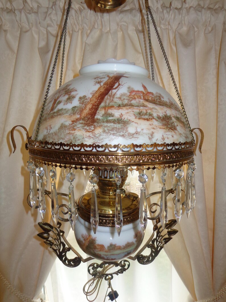 Antique Converted Country Style Hanging Lamp Farm Scene Prisms Professionally Polished