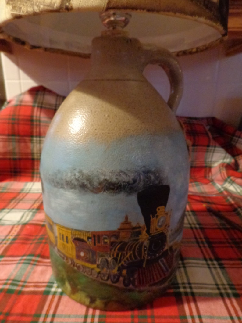Antique Jug Hand-Painted Train and Scene Vintage Trains Shade/Country/Cabin/Rustic image 2