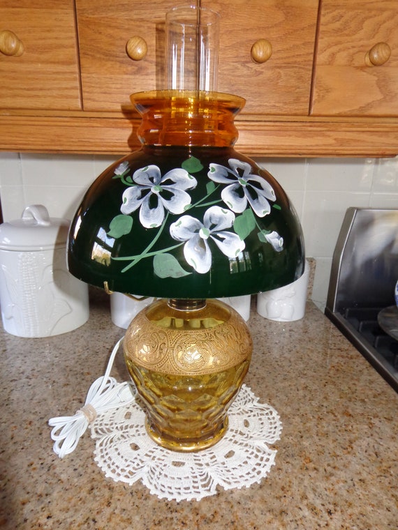 Unusual Tiffin Amber Optic Glass Lamp With Green Canada Unusual Tiffin Amber Optic Glass Lamp, Unusual Glass Lamp Shades