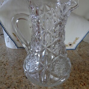 Antique Mold Blown & Pressed Clear Glass Heavy Pitcher/Polished Pontil/8 1/2" Tall