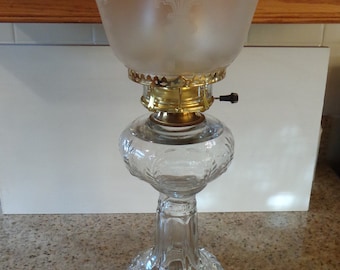 Antique 1880s Riverside Wreath & Torch Oil Lamp w/ Electric High Rise Shade Holder/Frosted Ruffled Fleur-de-Lis Shade