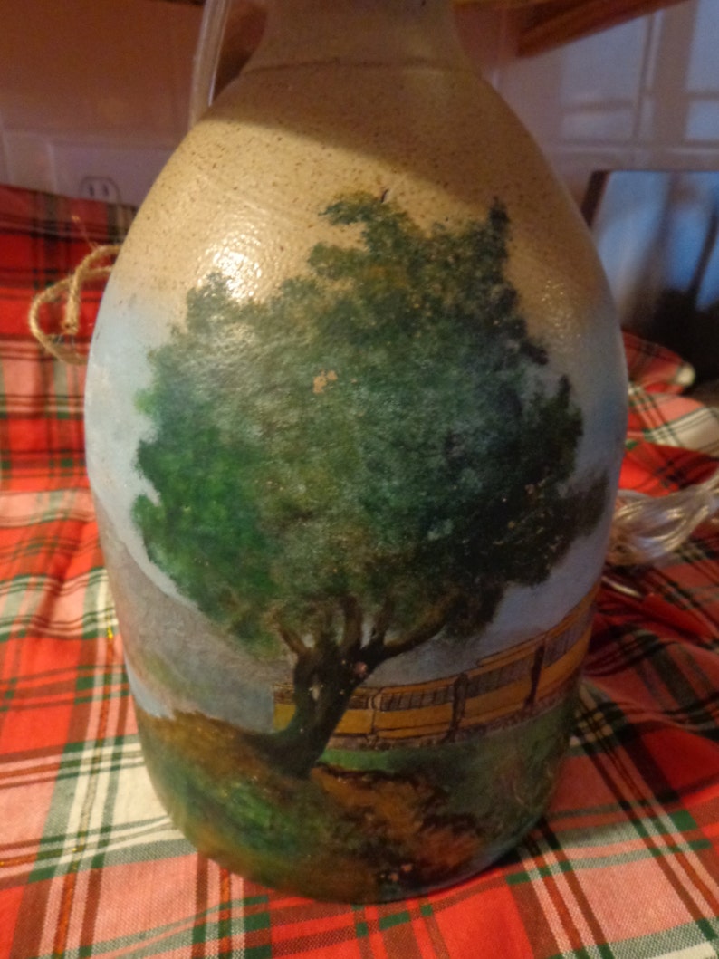 Antique Jug Hand-Painted Train and Scene Vintage Trains Shade/Country/Cabin/Rustic image 4
