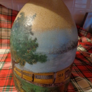 Antique Jug Hand-Painted Train and Scene Vintage Trains Shade/Country/Cabin/Rustic image 3