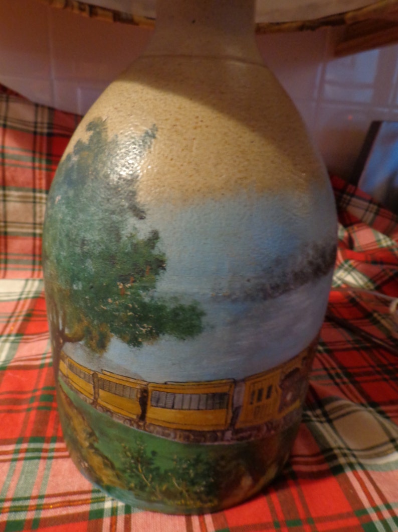 Antique Jug Hand-Painted Train and Scene Vintage Trains Shade/Country/Cabin/Rustic image 3