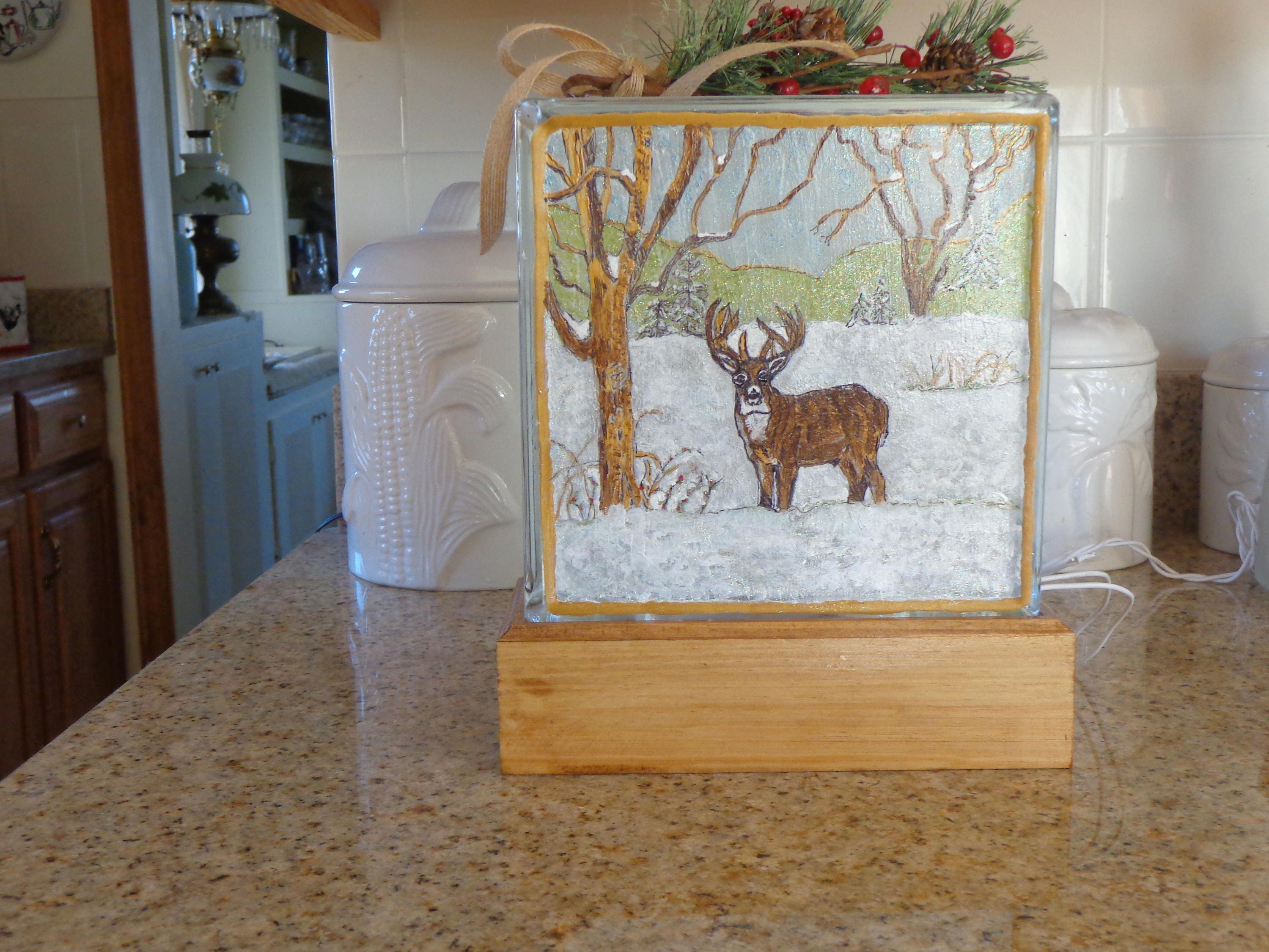 Decorative Glass Block on Wooden Stand very Pretty Handsketched, Hand