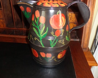 Antique Tin Coffee Pot Freehand Country Painted (11" x 11")