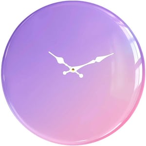 May include: A round wall clock with a gradient design, transitioning from purple to pink. The clock face has white hands and a gold-colored center. The clock is a decorative item.