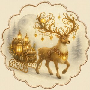 May include: An illustration of a reindeer pulling a sleigh through a snowy landscape. The reindeer has ornate golden antlers adorned with stars and baubles. The sleigh is filled with gifts and lit by lanterns, creating a festive holiday scene.