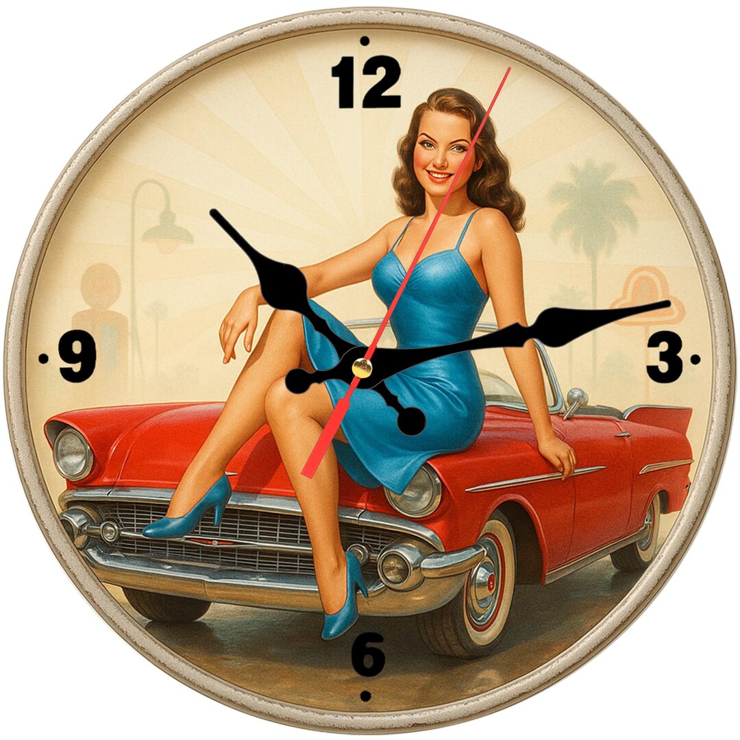 Wall Clock 10 Inch Wooden Silent Clock – Pin-up Girl 1950s Red Car ...