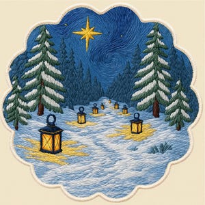 May include: Embroidered patch featuring a winter scene with snow-covered trees and a starry night sky. A bright yellow star shines above a path illuminated by lanterns. The patch has a scalloped edge and is set against a cream-colored background.