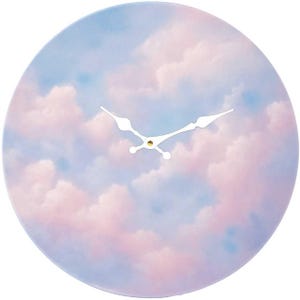 May include: Round wall clock with a pastel sky design featuring pink and white clouds against a blue background. The clock has white hands and a gold-colored center.