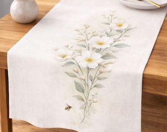 Table Runner 72 Inch White Floral Bee Botanical Faux Linen Dining Table Decor Farmhouse Kitchen Soft Lightweight Fabric Linen-Like Texture