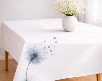 tablecloth – rectangular – 60x84 – watercolor dandelion tablecloth – soft romantic white table cover – calm everyday dining table decor