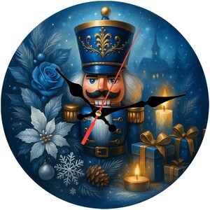 May include: Round wall clock featuring a detailed illustration of a nutcracker soldier in a blue uniform. The clock face includes candles, gifts, and winter foliage in shades of blue and gold. The clock hands are black with a red second hand.