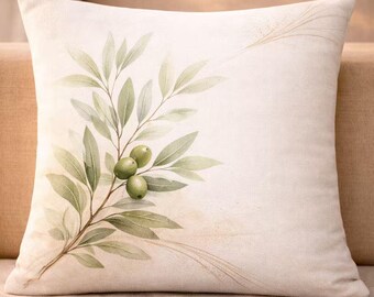 pillow cover 18x18  olive  botanical soft green branch layout throw pillow linen pillow sofa decor living room farmhouse neutral style