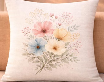 pillow cover 18x18 wildflower botanical soft pastel center layout throw pillow linen pillow sofa decor living room farmhouse decor style