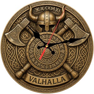 May include: Bronze-colored wall clock with a Viking theme. The clock features a horned helmet, crossed axes, and a shield with runic inscriptions. The word "VALHALLA" is displayed on a banner. The clock hands are black, and the second hand is red.
