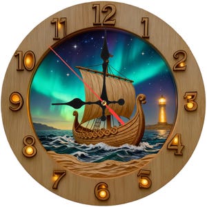 May include: Wooden wall clock with a Viking ship design. The clock face features a ship sailing on a wavy sea under a starry sky with the Northern Lights. The numbers are in a light brown color, and the clock hands are black and red.
