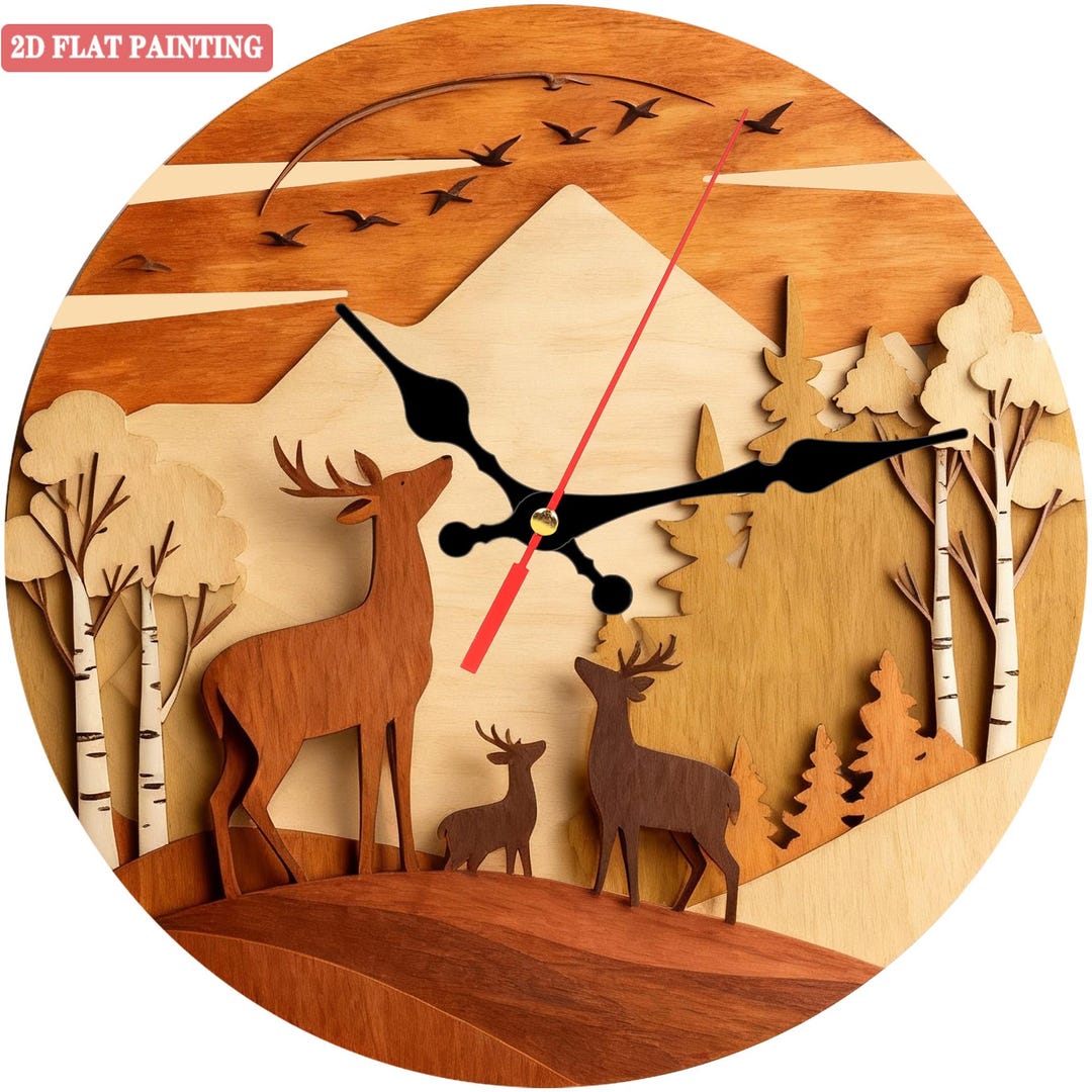 Deer Family Wooden Wall Clock – 10 Inch Round Wood Wall Decor – Animal ...