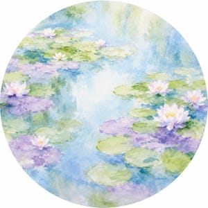 May include: Watercolor painting of a serene pond scene with water lilies. The artwork features white and yellow water lilies floating on the water's surface, surrounded by green lily pads and purple and blue reflections. The background is a soft blend of blues and greens.