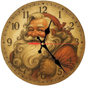 Santa Christmas Wall Clock – Round Wooden Clock 10 Inch – Holiday Gift Home Decor – Silent Quartz Movement – Vintage Nostalgic Design