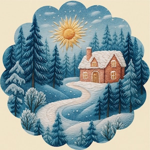 May include: A winter scene illustration featuring a snow-covered cottage with a red brick exterior, nestled among snow-laden evergreen trees. A winding path leads to the cottage under a bright sun. The artwork is set within a scalloped border.