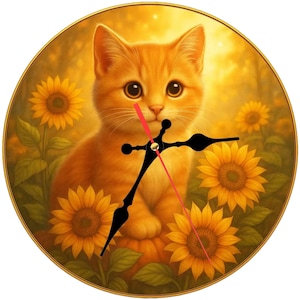 May include: Round wall clock featuring an orange tabby kitten surrounded by sunflowers. The clock face has a golden border and black clock hands with a red second hand. The background is a warm, golden hue.