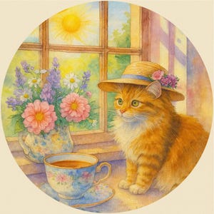 May include: Watercolor painting of a ginger cat wearing a straw hat with pink flowers, sitting by a window. A teacup and vase of flowers are on the windowsill. The sun shines through the window.