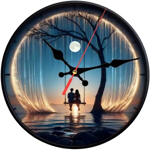 May include: Round wall clock with a black frame. The clock face features a romantic scene with a couple on a swing under a tree, a full moon, and a sunset over water. The clock hands are black, and the second hand is red.
