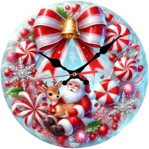 May include: A round Christmas-themed clock featuring Santa Claus, a reindeer, and various holiday decorations. The clock face is adorned with red and white striped candy canes, ornaments, and a large bow. The clock hands are black.