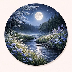 May include: Circular artwork depicting a moonlit forest scene. A full moon illuminates a river winding through a meadow of blue and white flowers. Trees line the riverbanks, and stars dot the night sky.