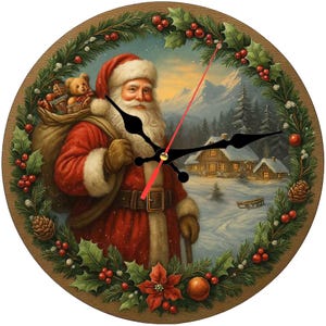 Christmas Santa Claus Wall Clock – Wooden Round Silent Clock – Holiday Wall Decor – Christmas Home Gift – Family Festive Wall Art
