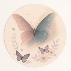 May include: Round decorative art featuring a large butterfly with pink and blue wings, surrounded by smaller butterflies, flowers, and leaves. The artwork has a soft, watercolor style with a light beige background.