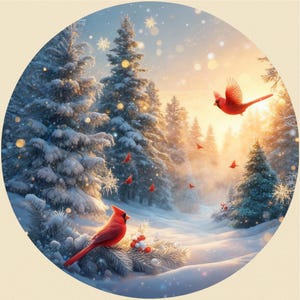 May include: A winter scene featuring a snowy forest with evergreen trees and red cardinals. One cardinal is perched on a snow-covered branch with berries, while others fly in the sky. The background shows a bright, golden sunset.