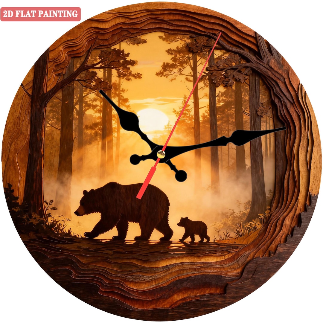 Bear Family Wall Clock Wooden Round Plaque Forest Animal Decor Nature ...