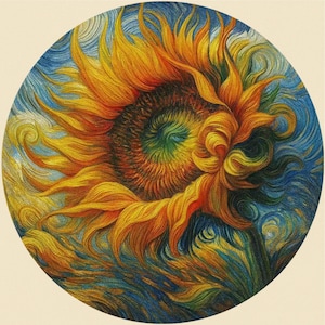 May include: A detailed, circular illustration of a sunflower. The sunflower's petals are a vibrant orange and yellow, with a textured appearance. The center is a mix of green and brown. The background is a swirling blue and yellow.