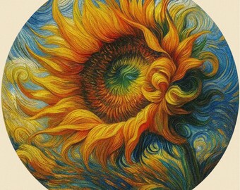 Round Linen-Style Placemat Set of 4 – Sunflower Van Gogh Inspired Table Setting – Yellow Floral Dining Placemat – Kitchen Table Decor
