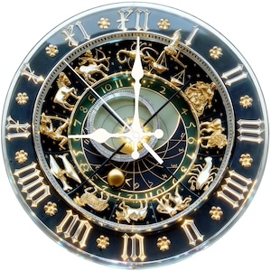 May include: A round wall clock with a black face, gold Roman numerals, and gold zodiac symbols. The clock hands are white, and the clock has a gold-colored outer rim. The clock's face has a dark green and black background.