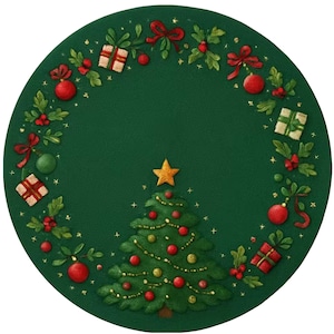 May include: A round, dark green Christmas-themed design featuring a decorated Christmas tree with a gold star on top. The tree is surrounded by a wreath of holly, red bows, ornaments, and wrapped gifts. The design has a textured, painted appearance.