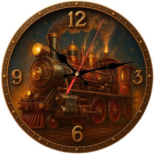May include: Round wall clock featuring a detailed illustration of a vintage steam train. The clock face has large gold numerals and a red second hand. The train is depicted in shades of brown, gold, and red, with smoke billowing from the smokestack.
