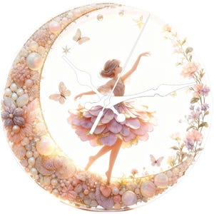 May include: A decorative wall clock featuring a ballerina in a pink petal dress, set against a crescent moon adorned with pearls and flowers. Butterflies and floral accents surround the dancer. The clock hands are visible.