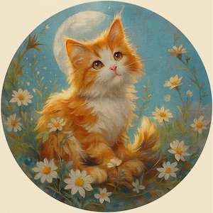 May include: A round painting of a fluffy orange and white cat gazing upwards, set against a blue background with a full moon. Daisies and greenery surround the cat, creating a whimsical, nature-inspired scene.